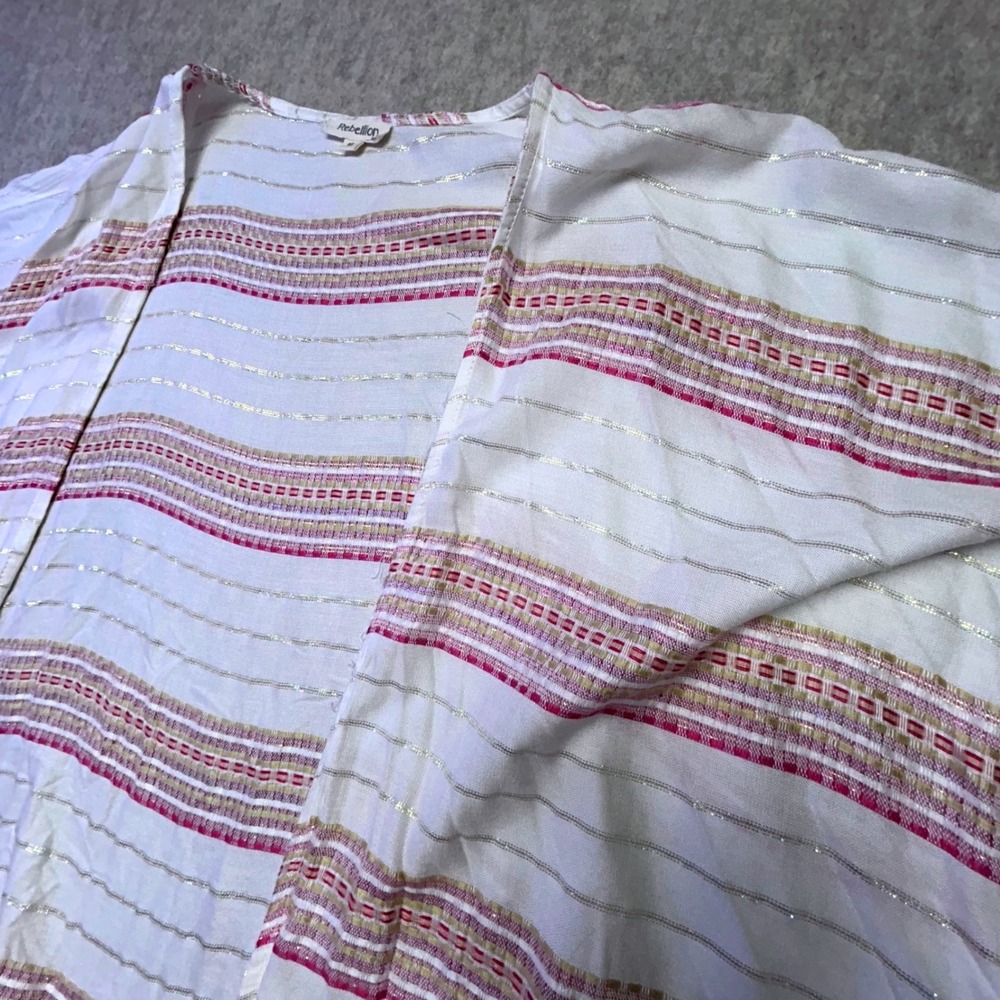 Rebellion‎ Sheer Kimono Duster White Pink Gold Stripe Fringe Medium Feminine